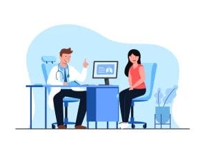 A cartoon image of a doctor talking to a patient