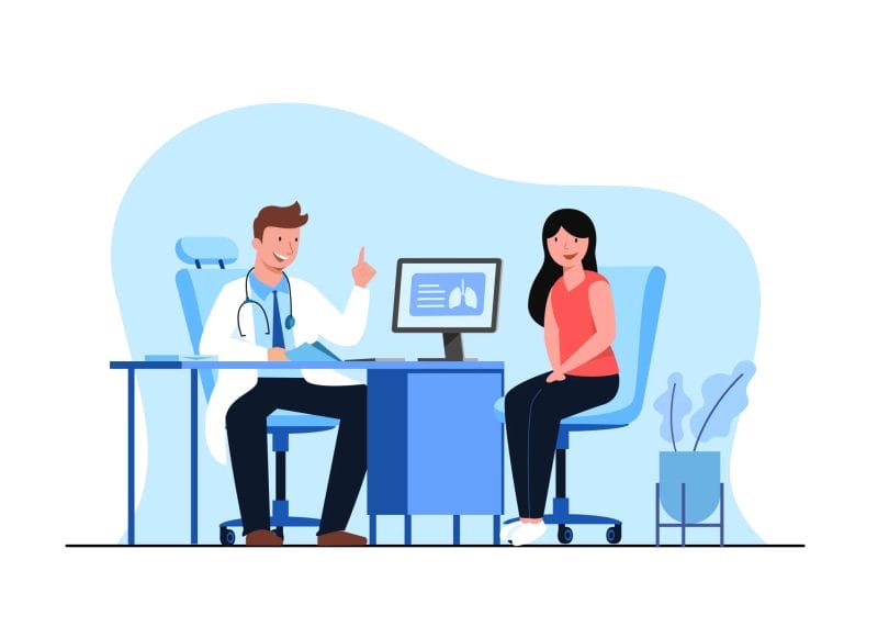 A cartoon image of a doctor talking to a patient